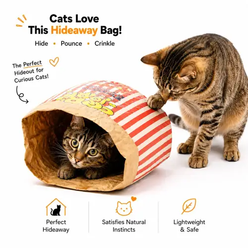 Upgrade Cat Toy Cute Large Kraft Paper Double-Layer Crinkle Bag Cat Hideout, Hide & Seek Play Tunnel Cat Bed Puzzle Relaxation, Cat Hideout Toy Cat Crinkle Toy for Indoor Kittens & Adult